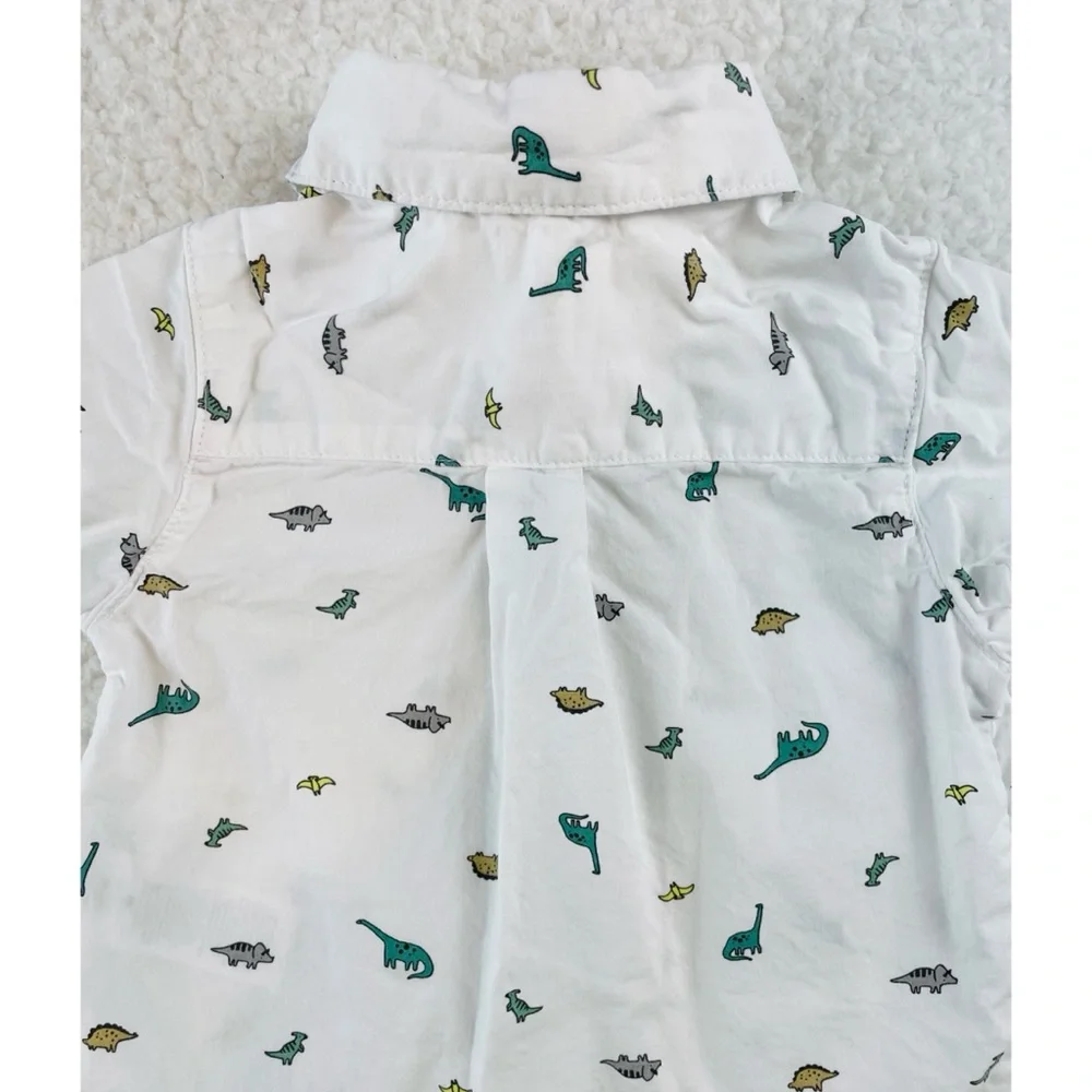 CARTER’S • White/Multi Dinosaur Print Button-Down Short Sleeve Shirt, 3M